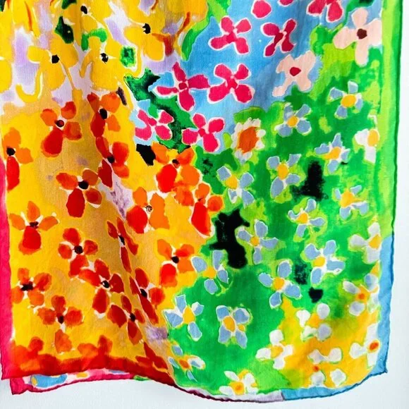 Colorful Floral & Cat Print Silk Scarf - Multicolor - Picture 4 of 6